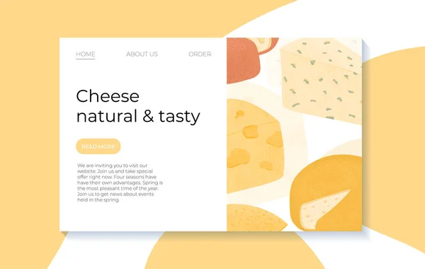 Swiss or French cheese vector flat landing page concept. Gouda, Parmesan, Brie, Roquefort or Maasdam cheese. — 스톡 벡터