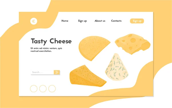 Swiss or French cheese vector flat landing page concept. Gouda, Parmesan, Brie, Roquefort or Maasdam cheese. — Image vectorielle