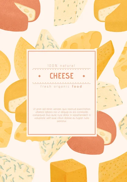 Swiss or French cheese vector flat poster concept. Gouda, Parmesan, Brie, Roquefort or Maasdam cheese. — Vetor de Stock