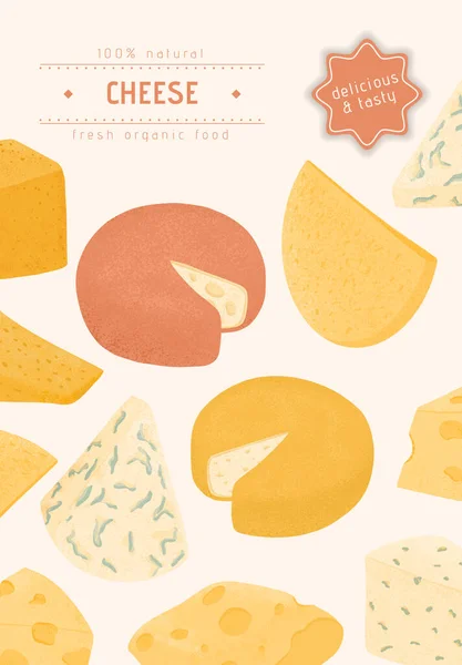 Swiss or French cheese vector flat poster concept. Gouda, Parmesan, Brie, Roquefort or Maasdam cheese. — Vetor de Stock