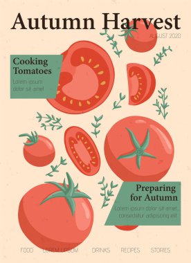 Sonbahar hasat dergisi kapağı tasarımı. Vektör vejetaryen domates çizgi film konsepti. Sonbahar tarım pazarı, kart, poster veya meyve suyu tasarımı için sağlıklı organik domatesler ve biberiye.