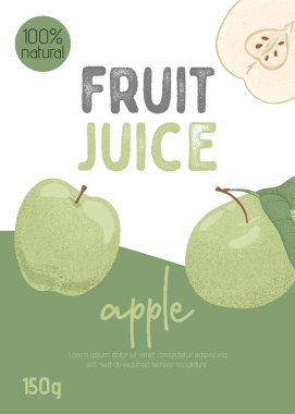 Meyve suyu kartı tasarımı. Tatlı elma meyvesi vektör el pankart çizimi. Parlak lezzetli meyveler. Meyve suyu veya reçel poster şablonu.