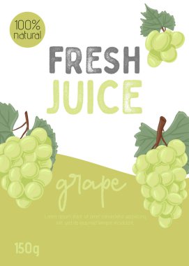 Taze üzüm suyu paketleme tasarımı. Şarap üzümleri, masa üzümleri vektör el çizimi kart konsepti. Yapraklı böğürtlen. Saplı ve yapraklı üzümler. Lokanta veya kafe için sulu yaz meyveleri.