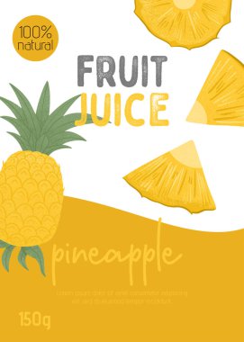 Meyve ananas suyu ambalajı tasarımı. Yaprak desenli olgun ananas. Tatlı ananas meyvesi.