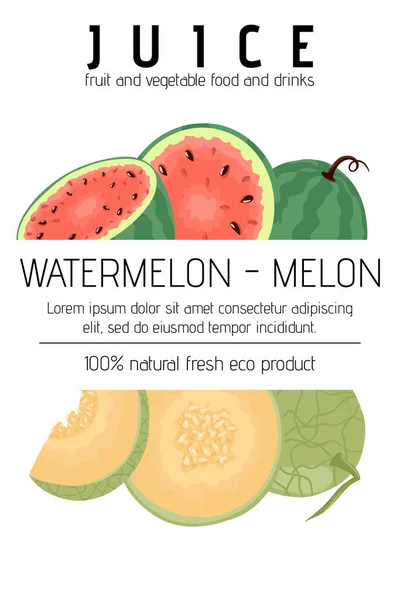 Utformning Märkningen Färsk Ekologisk Fruktjuice Vattenmelon Och Melon Dryck Vektor — Stock vektor