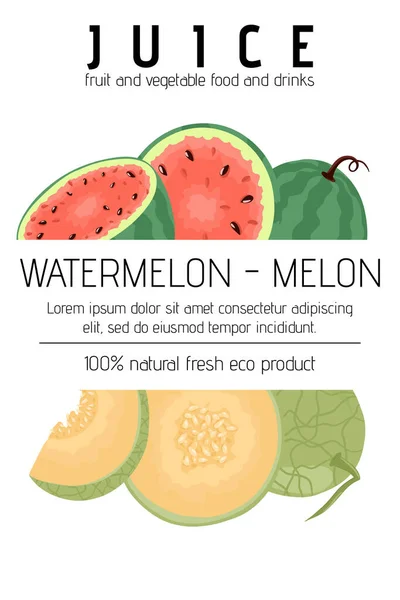 Diseño Etiqueta Zumo Fruta Orgánica Fresca Sandía Bebida Melón Vector — Vector de stock