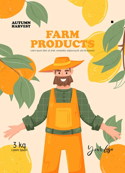 Diseño Banner Productos Agrícolas Para Mercado Cosecha Otoño Feliz Granjero — Archivo Imágenes Vectoriales