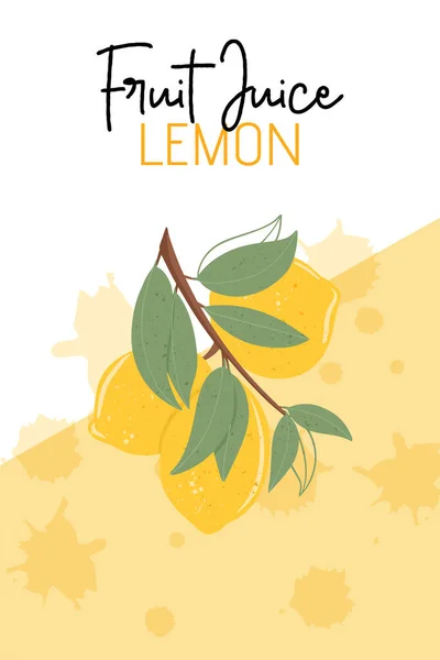 Σχεδιασμός Συσκευασίας Χυμού Φρούτων Λεμονιού Λεμόνι Φρούτα Στο Κλαδί Φύλλα — Διανυσματικό Αρχείο