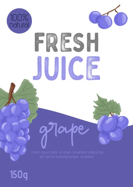 Design de embalagem de suco de uva fresco. Uvas de vinho, uvas de mesa vetor mão desenhado conceito de cartão. — Vetor de Stock