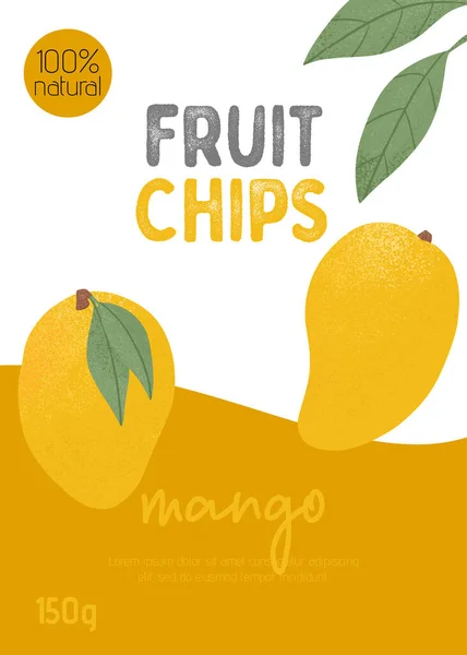 Design de embalagem de chips de manga de frutas. Mangas maduras com folhas. Doce manga frutas vetor mão desenho cartão desenhado. — Vetor de Stock