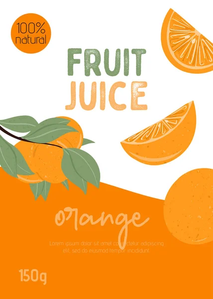 Förpackningsdesign för apelsinjuice. Texturerad apelsin frukt på gren med blad vektor hand dras illustration. — Stock vektor
