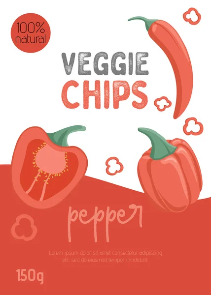 Veggie chips de pimenta design de embalagem. Vetor pimentão desenhos animados ilustração. — Vetor de Stock