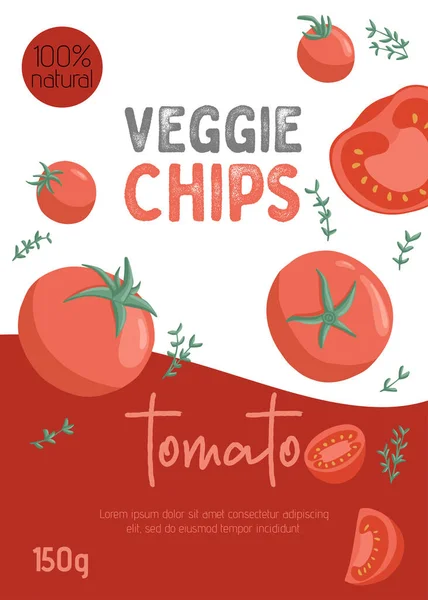 Veggie tomato chips or juice packaging design. Vector tomatoes cartoon illustration. — Stock Vector