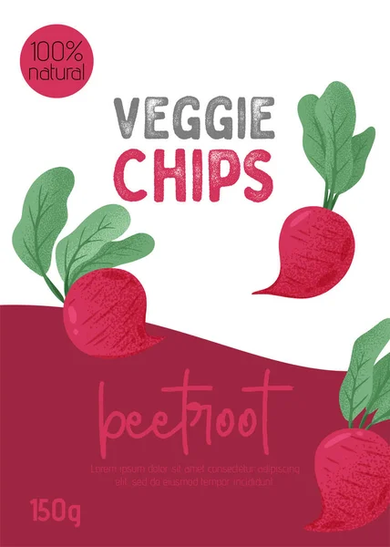 Veggie beterraba chips design de embalagem em estilo cartoon. Legumes de beterraba brilhantes. Beterraba orgânica saudável com folhas. — Vetor de Stock