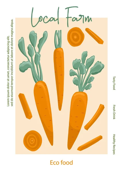 漫画のスタイルで野菜のニンジン地元の農場の包装デザイン 明るいニンジン野菜 秋の農業市場のデザインのための葉とニンジンスライスと健康的な有機ニンジン ロイヤリティフリーのストックイラスト