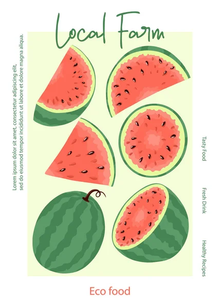 Lokale Boerderij Banner Ontwerp Fruit Watermeloen Verpakking Concept Verse Watermeloen Vectorbeelden