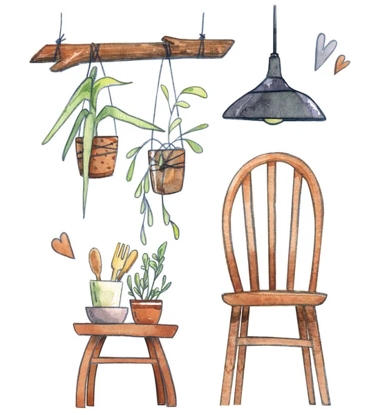 家具椅子スツールランプポット植物巨大なラグーンスカンディナヴィアの木製の自然テラコッタの水彩セット孤立 — ストック写真