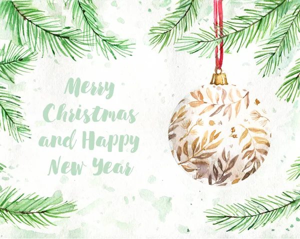 Christmas Card Congratulation Template Christmas Ball Branch Place Text Watercolor — Stock Photo, Image