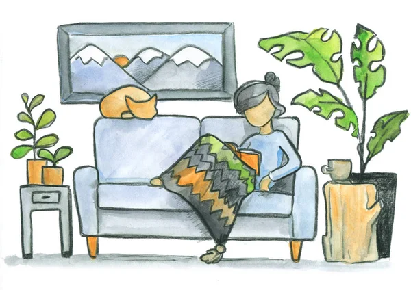 家庭主妇躺在沙发上的猫在看室内丑闻鸟类简约主义生态保护植物绘画山区手工制作水彩笔隔离 — 图库照片