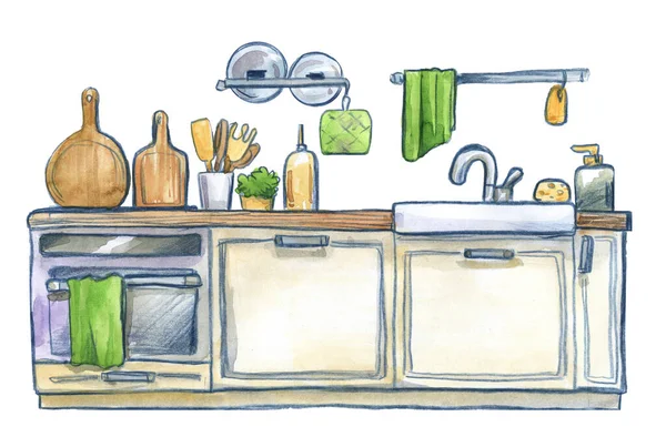 キッチンインテリアストーブシンクキャビネットタオル用品ボードカバーディスペンサー石鹸現代的なスタイルの鉛筆水彩スケッチ隔離されたセット — ストック写真