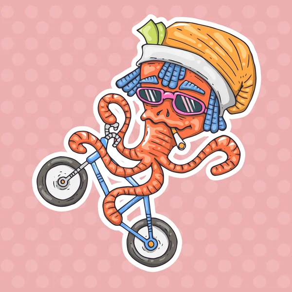 Octopus hippie riding bicycle — Stock Vector