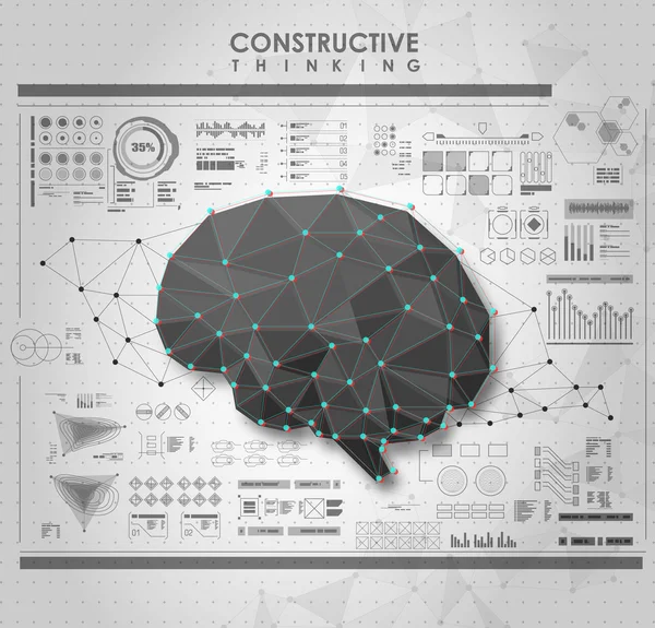 Cérebro Poligonal Conceitual com elementos HUD —  Vetores de Stock