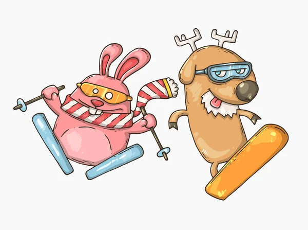 Rabbit skier and snowboarder deer — Stock Vector