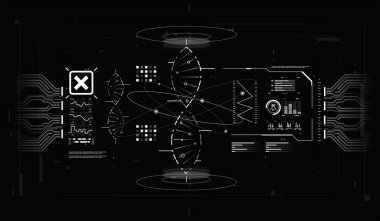DNA yapısına sahip HUD bilgi elemanları. Futuristik kullanıcı arayüzü. Soyut sanal grafik.