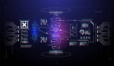 DNA yapısına sahip HUD bilgi elemanları. Futuristik kullanıcı arayüzü. Soyut sanal grafik.