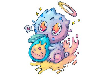 Armut kucaklayan sevimli canavar. Yaratıcı karikatür çizimi. Baskı, reklam, başvuru ve tişört baskısı için resim.