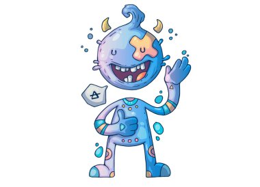 Komik küçük adam. Yaratıcı karikatür çizimi. Baskı, reklam, başvuru ve tişört baskısı için resim.