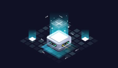 Kuantum bilgisayarı için teknolojik izometrik bilgi tasarımı. Blockchain sunucu konsepti, sunucu odası, veritabanı, bilgi depolama. Yaratıcı izometrik kavram.