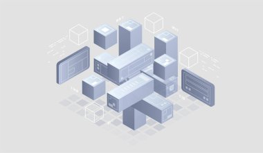 Isometric Dijital Teknoloji Web Afişi. Büyük Veritabanı Öğrenme Algoritması. Veri analizi, araştırma, denetim, nüfus grafikleri, Yapay Zeka, izometrik görselleştirme kavramı