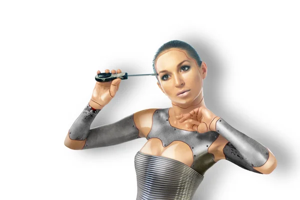 Cyber woman repair head with a screwdriver — Stock Photo, Image