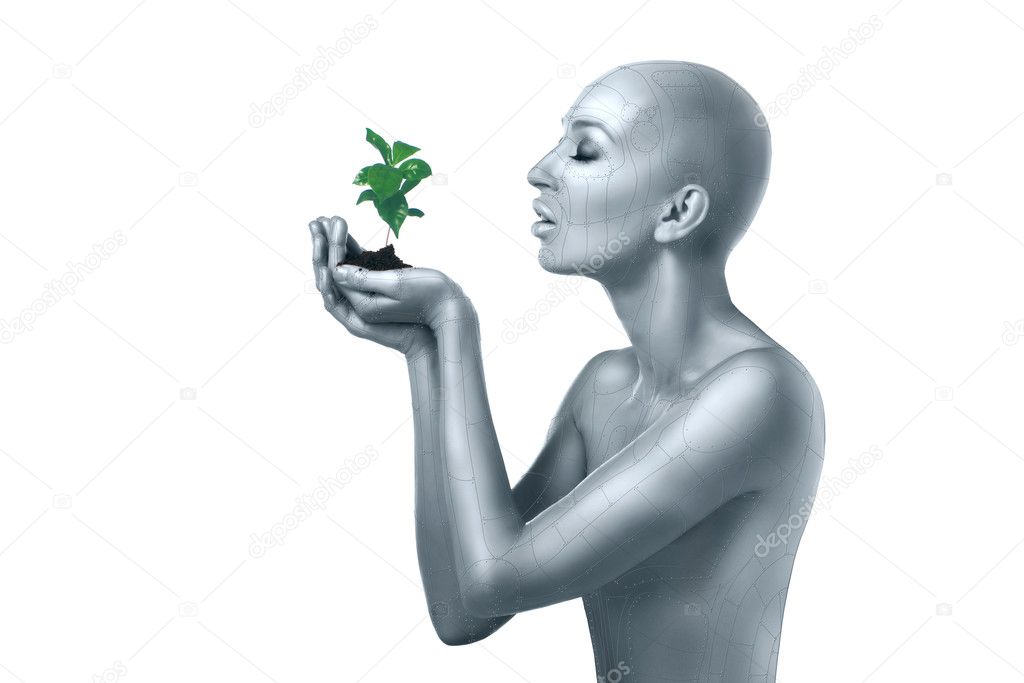 woman in the image of land holding plant
