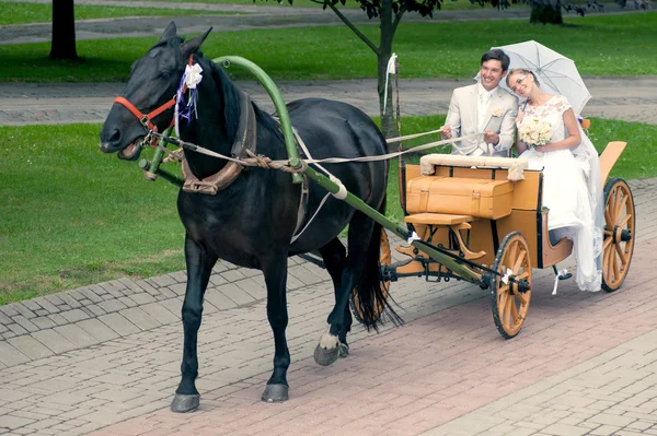Bruid en bruidegom rijden in vervoer — Stockfoto