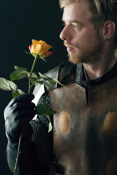 Ancient knight with yellow rose — Stock Photo, Image