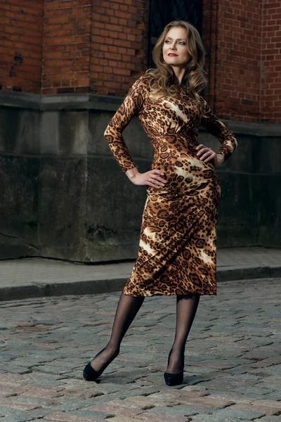 Beautiful luxurious woman in elegant dress — Stock Photo, Image