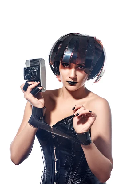 Stylish woman holding retro camera — Stock Photo, Image