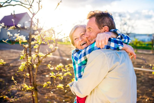 Senior couple hugging in spring garden — Stock Photo, Image