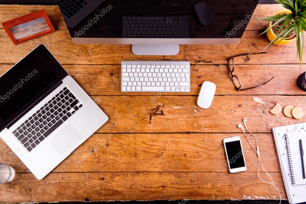 Desk, gadgets and office supplies. Flat lay. Copy space Stock Photo by  ©halfpoint 106232252