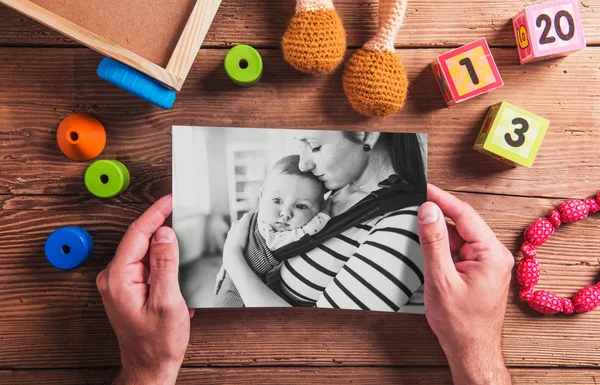 Mothers day composition. Black-and-white photo. Various toys. Wo — Stock Photo, Image