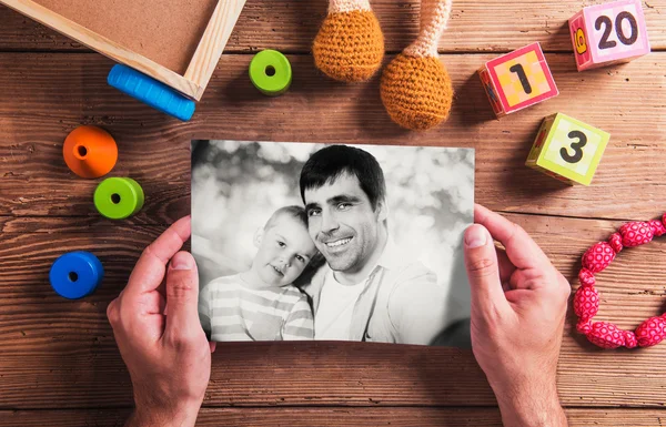Fathers day composition. Black-and-white photo. Various toys. — Stock Photo, Image