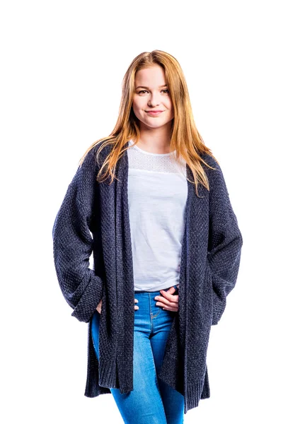 Girl in jeans and long sweater, woman, studio shot — Stock Photo, Image