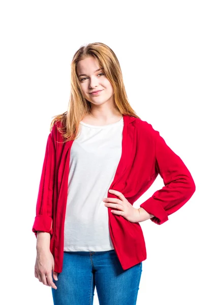 Menina de jeans e casaco vermelho, mulher, estúdio tiro — Fotografia de Stock