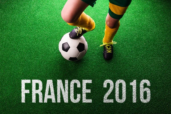 Little football player with France 2016 sign — Stock Photo, Image