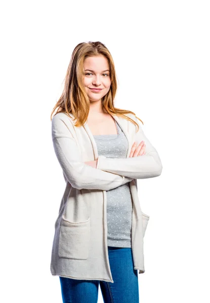 Chica en jeans y suéter largo, mujer, toma de estudio — Foto de Stock