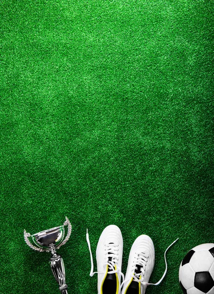 Soccer ball, cleats and trophy against green artificial turf — Stock Photo, Image