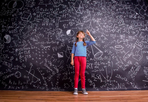 Girl with two braids, big blackboard with mathematical symbols — Zdjęcie stockowe