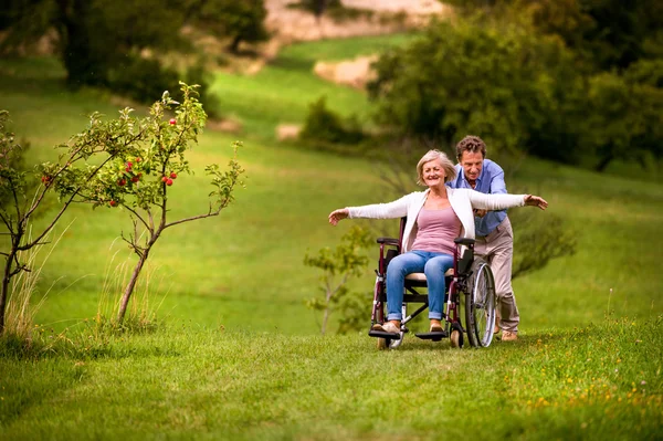 Starszy mężczyzna popychając kobieta w jesień natura na wózkach, zielony — Zdjęcie stockowe